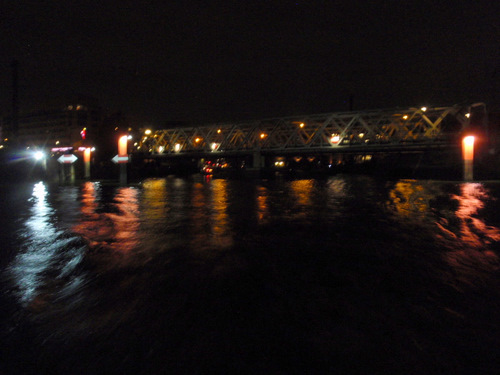 Riverfront properties, Bridges, and city lights.
